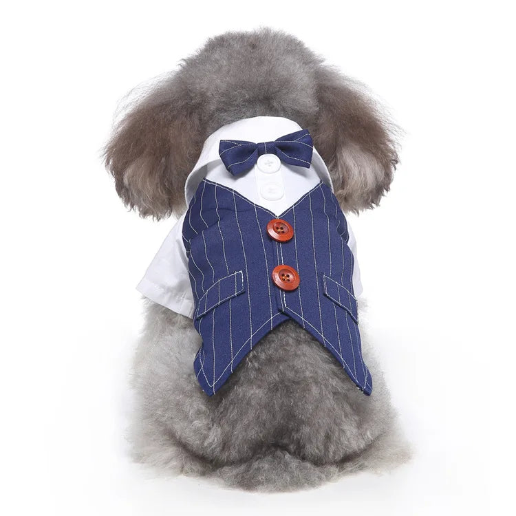 Traje de chaquetas de boda azul para perros con pajarita azul, tela formal para cachorros y gatos