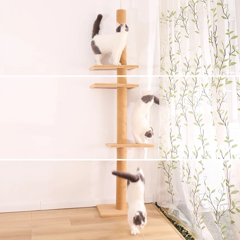 Deluxe Cat Tree Tower with Cabinet, Wooden Adjustable Height, Verti from Floor to Ceiling
