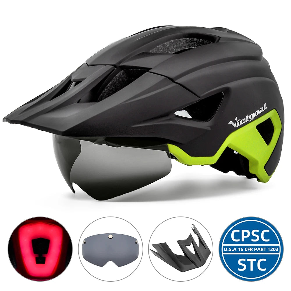 VICTGOAL-casco de bicicleta con luz LED para hombre, gafas de sol con visera, recargable, escudo para ciclismo de montaña y carretera