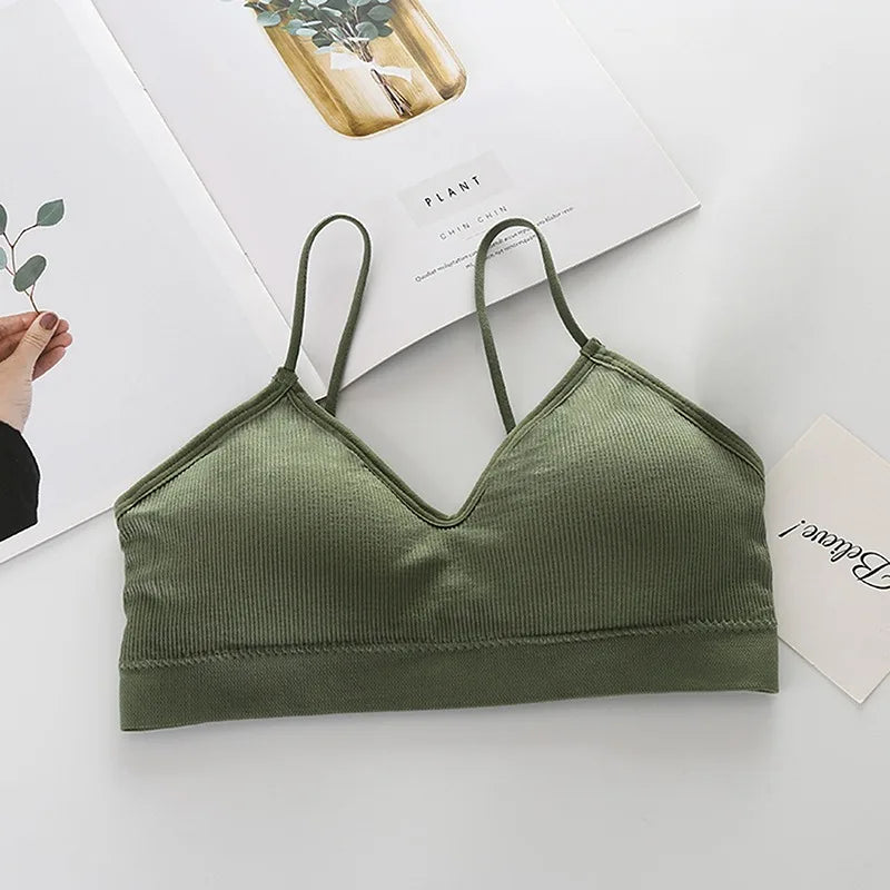 Sujetador Bandeau Sexy Crop Top delgado con tirantes finos sin costuras, Top de