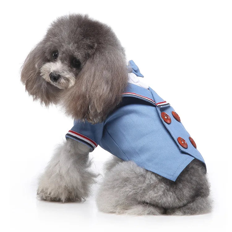 Traje de chaquetas de boda azul para perros con pajarita azul, tela formal para cachorros y gatos