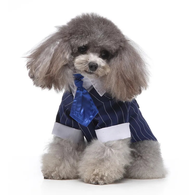 Traje de chaquetas de boda azul para perros con pajarita azul, tela formal para cachorros y gatos