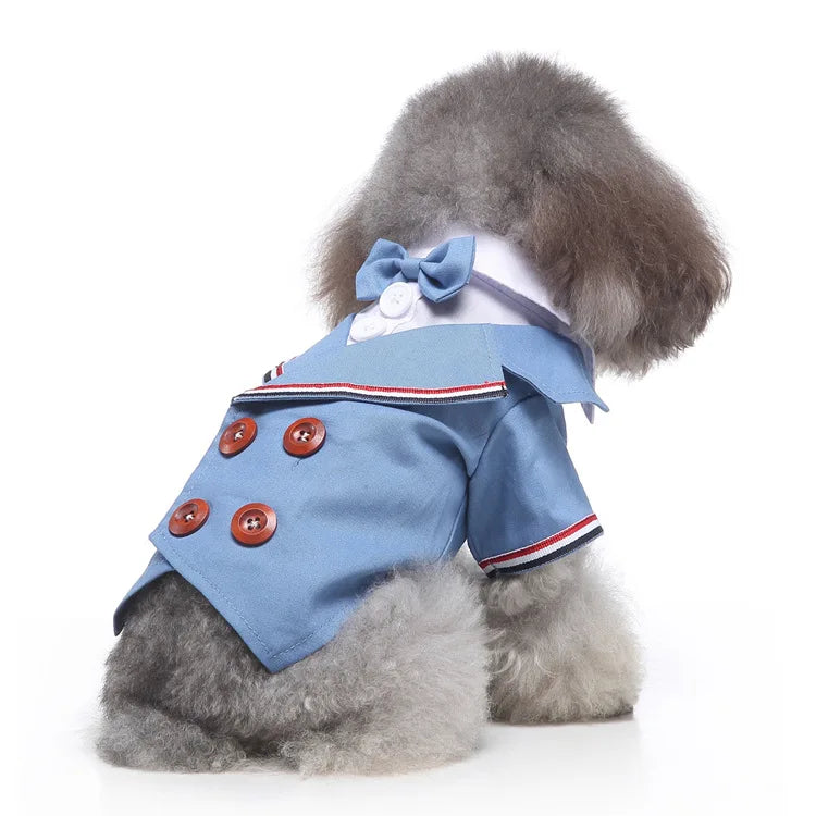Traje de chaquetas de boda azul para perros con pajarita azul, tela formal para cachorros y gatos