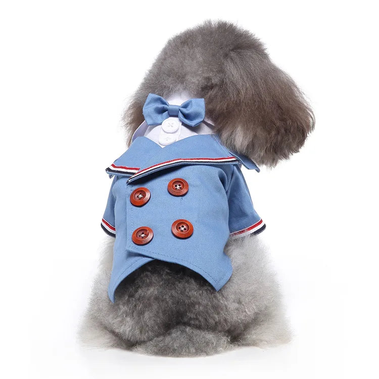 Traje de chaquetas de boda azul para perros con pajarita azul, tela formal para cachorros y gatos