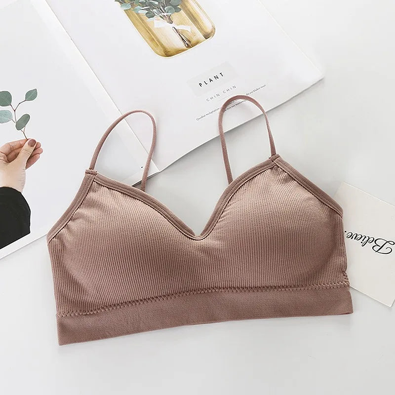 Sujetador Bandeau Sexy Crop Top delgado con tirantes finos sin costuras, Top de