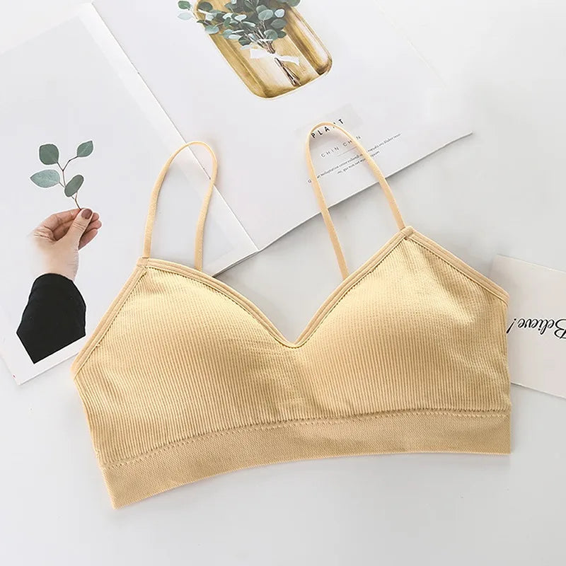 Sujetador Bandeau Sexy Crop Top delgado con tirantes finos sin costuras, Top de