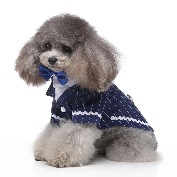 Traje de chaquetas de boda azul para perros con pajarita azul, tela formal para cachorros y gatos