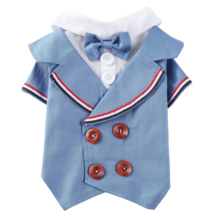 Traje de chaquetas de boda azul para perros con pajarita azul, tela formal para cachorros y gatos