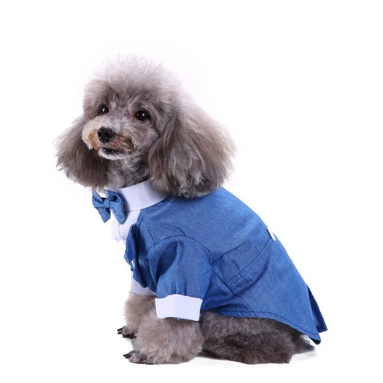 Traje de chaquetas de boda azul para perros con pajarita azul, tela formal para cachorros y gatos