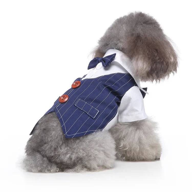 Traje de chaquetas de boda azul para perros con pajarita azul, tela formal para cachorros y gatos