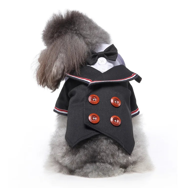 Traje de chaquetas de boda azul para perros con pajarita azul, tela formal para cachorros y gatos