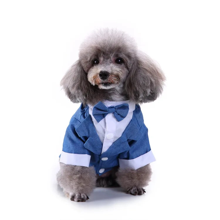 Traje de chaquetas de boda azul para perros con pajarita azul, tela formal para cachorros y gatos
