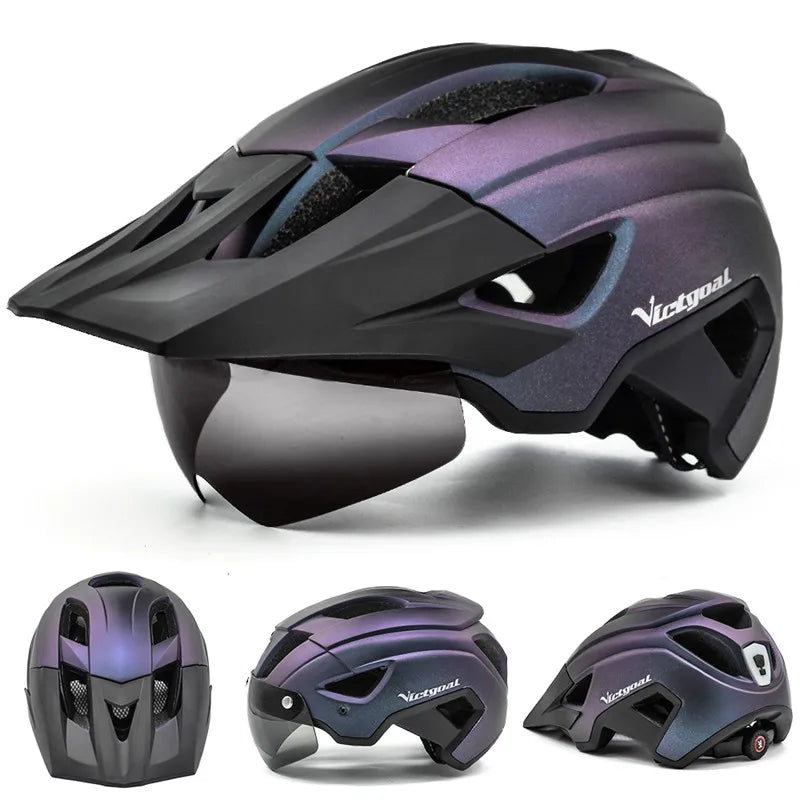 VICTGOAL-casco de bicicleta con luz LED para hombre, gafas de sol con visera, recargable, escudo para ciclismo de montaña y carretera