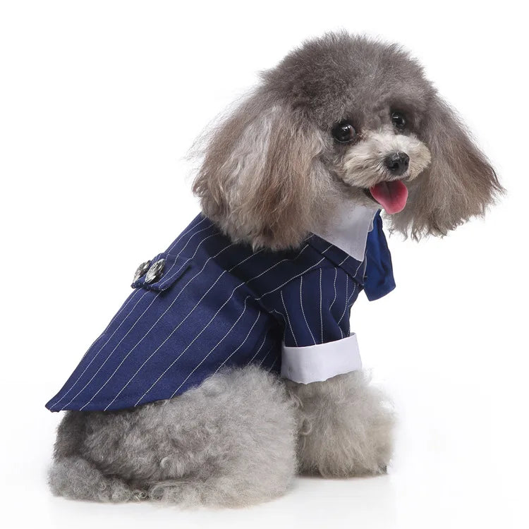 Traje de chaquetas de boda azul para perros con pajarita azul, tela formal para cachorros y gatos