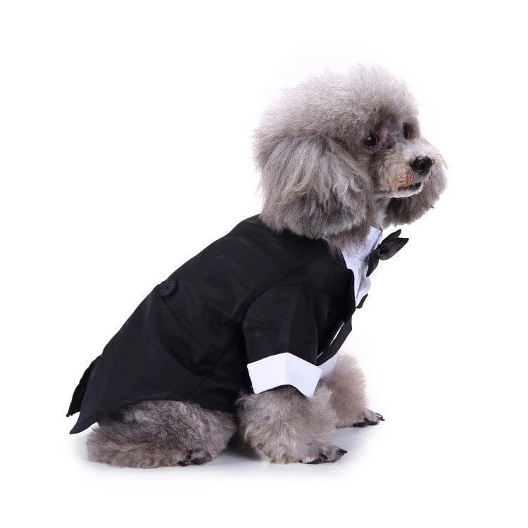 Traje de chaquetas de boda azul para perros con pajarita azul, tela formal para cachorros y gatos