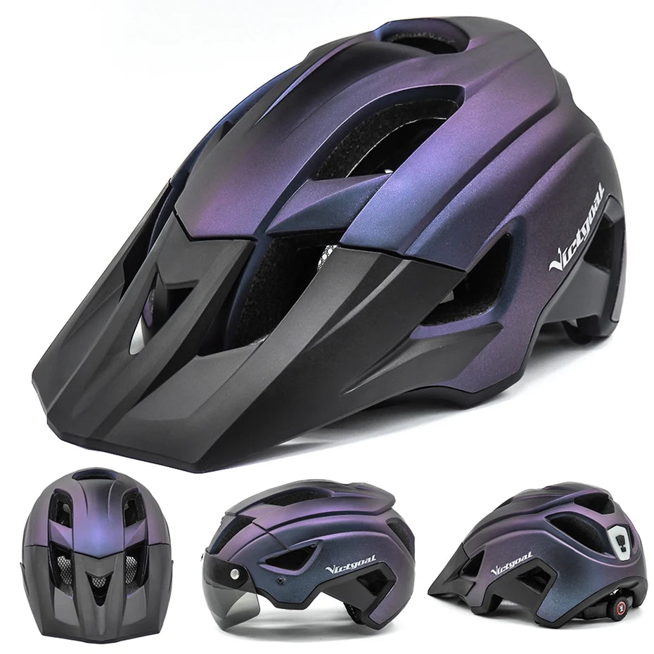 VICTGOAL-casco de bicicleta con luz LED para hombre, gafas de sol con visera, recargable, escudo para ciclismo de montaña y carretera