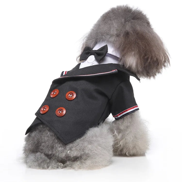Traje de chaquetas de boda azul para perros con pajarita azul, tela formal para cachorros y gatos