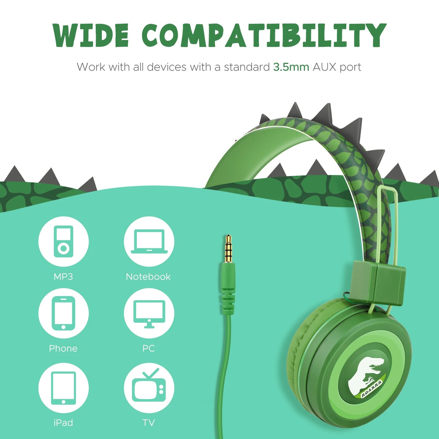 Auriculares de dinosaurio con cable para niños, auriculares con micrófono y bonitos límite de volumen de 85dB para iPad/Kindle/Fire Tablet