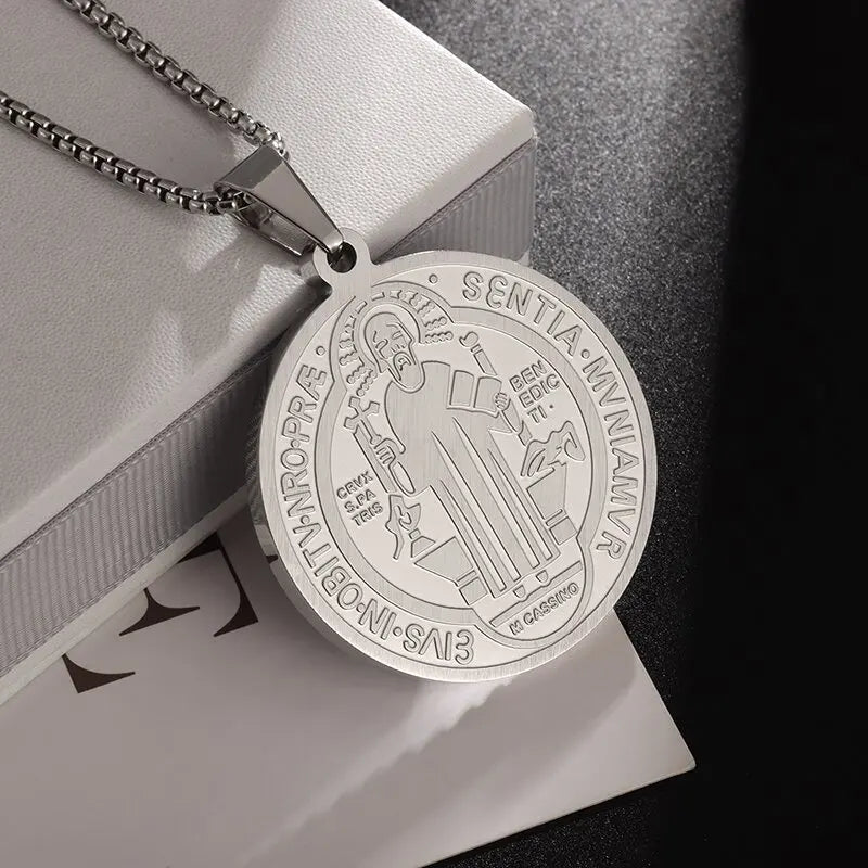 Men's Catholic Saint Benedict Medal Stainless Steel Pendant Necklace