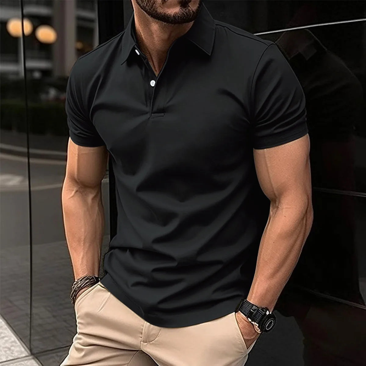Camiseta de manga corta para hombre, POLO elástico, transpirable, con hebilla,