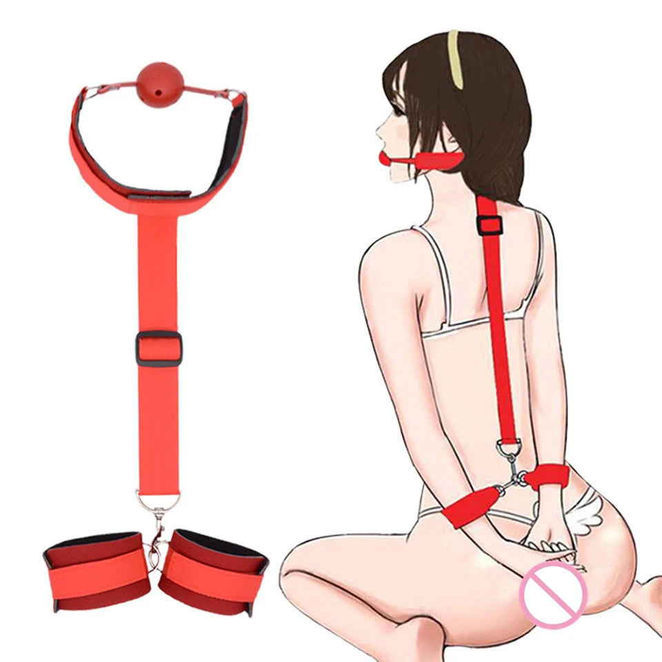 Bdsm-Juego de Bondage para adultos, esposas, cuello, muñeca, boca, mordaza, cor