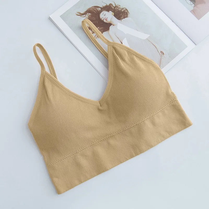 Sujetador Bandeau Sexy Crop Top delgado con tirantes finos sin costuras, Top de