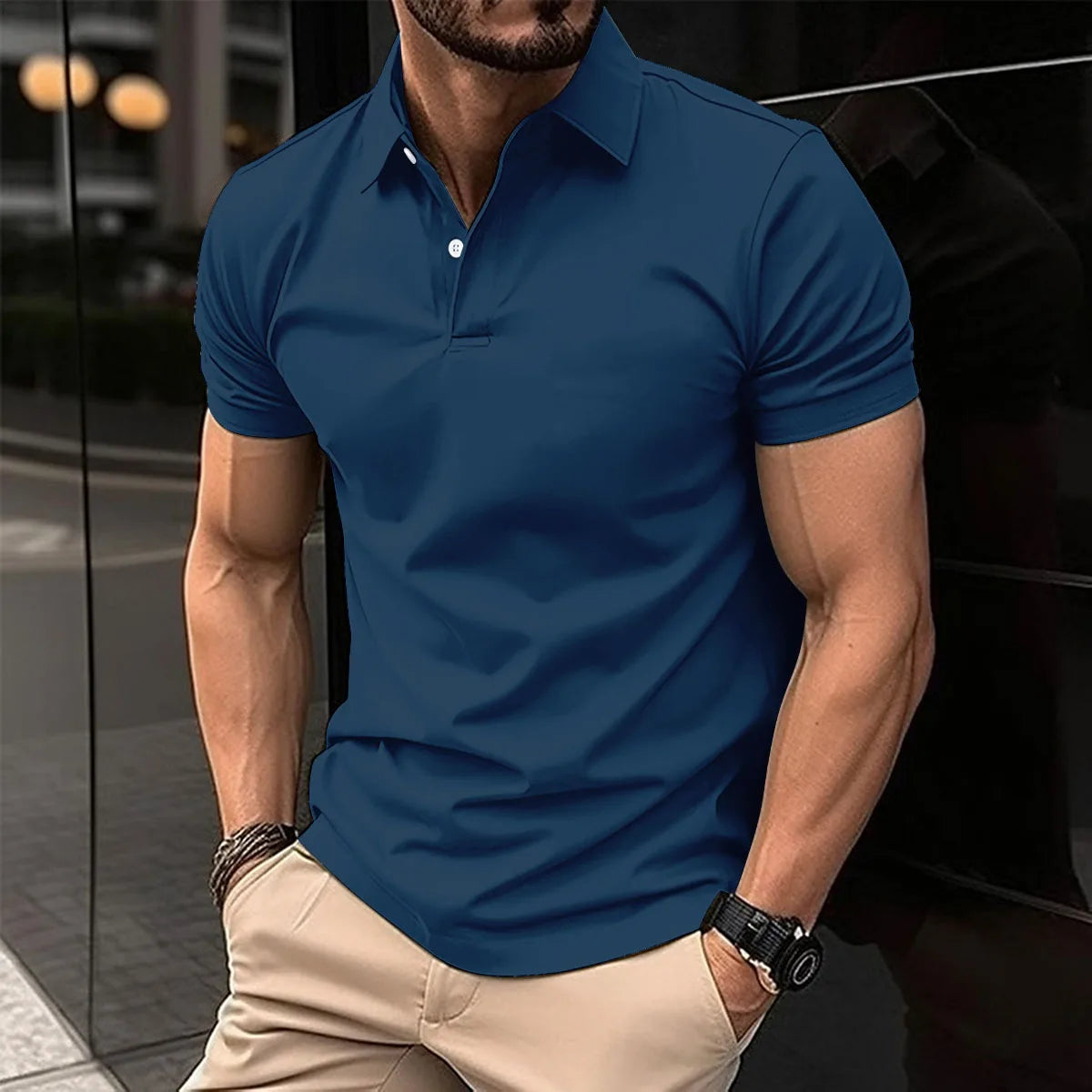 Camiseta de manga corta para hombre, POLO elástico, transpirable, con hebilla,