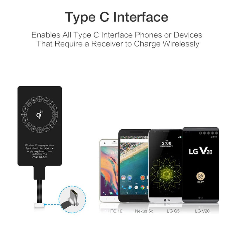 Receptor de cargador inalámbrico, adaptador de carga rápida tipo C, Micro USB, para iPhone, Samsung, Huawei, Xiaomi, Ios y Android