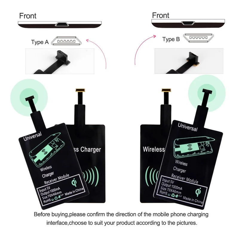 Receptor de cargador inalámbrico, adaptador de carga rápida tipo C, Micro USB, para iPhone, Samsung, Huawei, Xiaomi, Ios y Android
