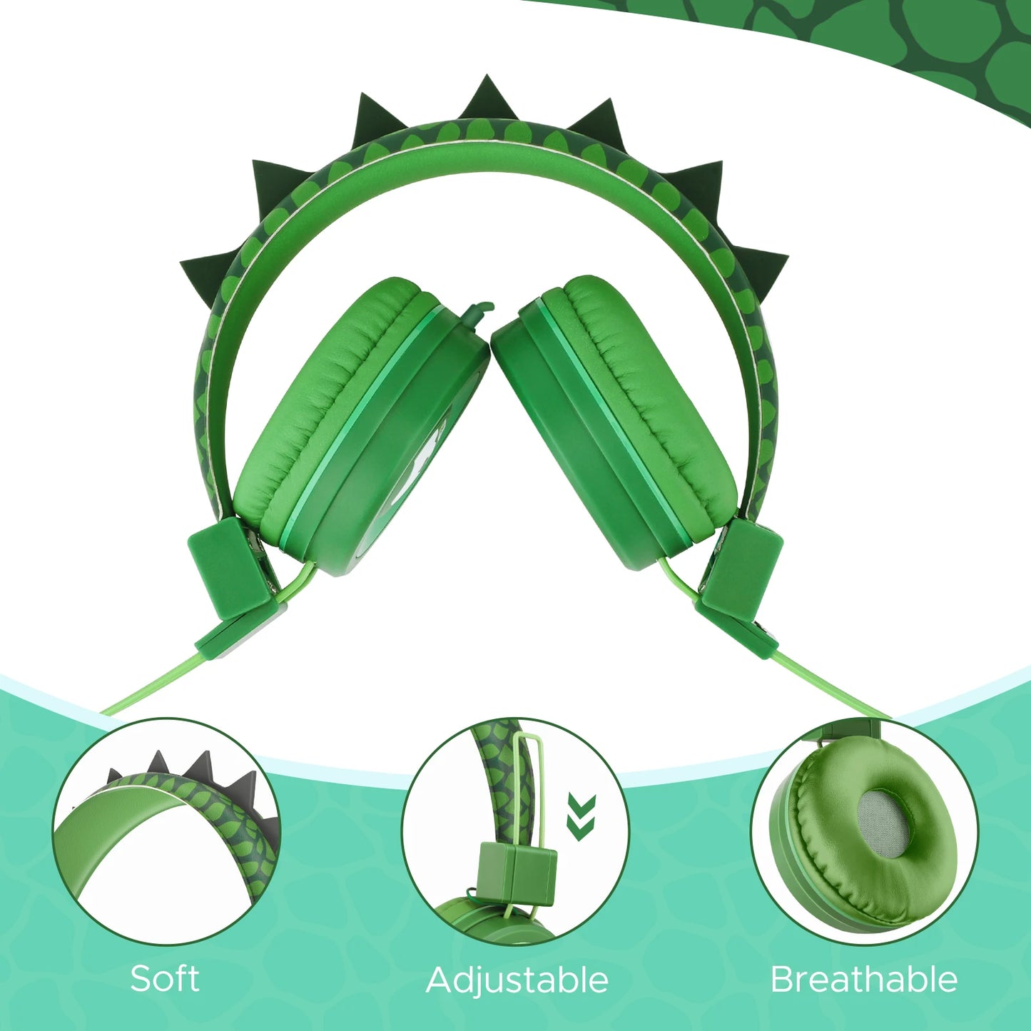 Auriculares de dinosaurio con cable para niños, auriculares con micrófono y bonitos límite de volumen de 85dB para iPad/Kindle/Fire Tablet