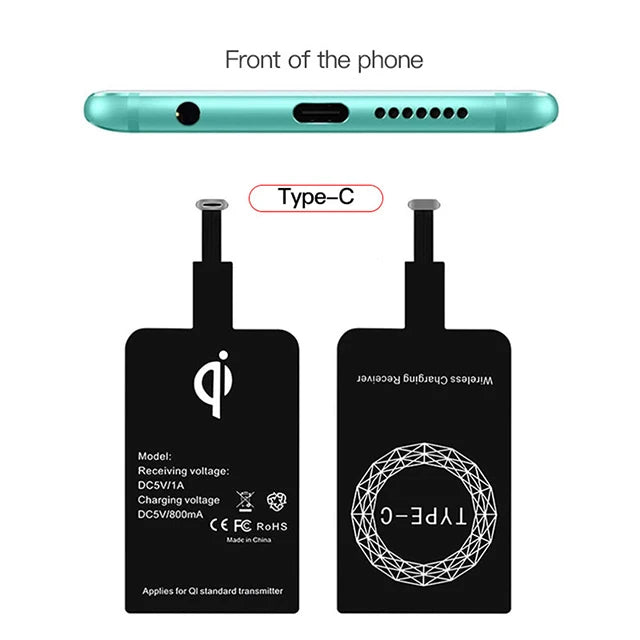 Receptor de cargador inalámbrico, adaptador de carga rápida tipo C, Micro USB, para iPhone, Samsung, Huawei, Xiaomi, Ios y Android