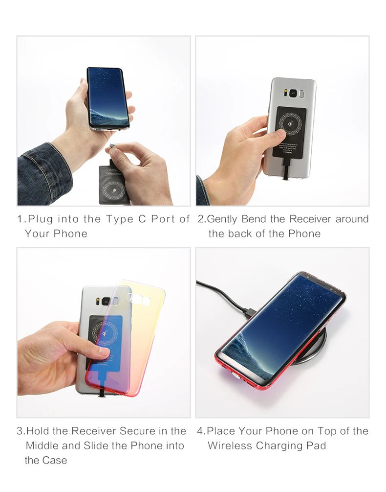 Receptor de cargador inalámbrico, adaptador de carga rápida tipo C, Micro USB, para iPhone, Samsung, Huawei, Xiaomi, Ios y Android