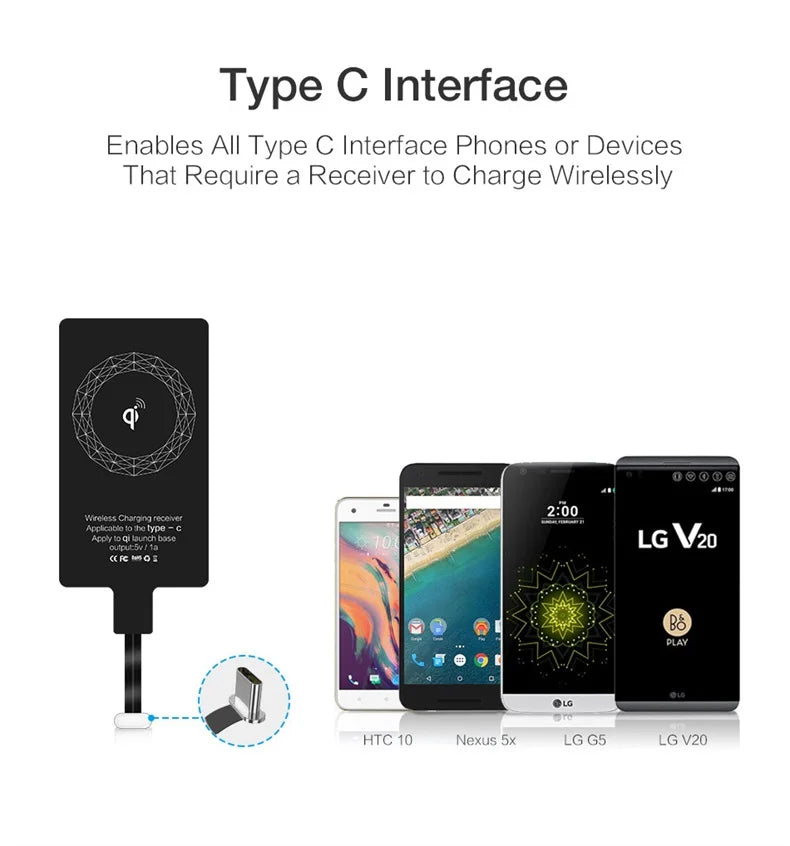 Receptor de cargador inalámbrico, adaptador de carga rápida tipo C, Micro USB, para iPhone, Samsung, Huawei, Xiaomi, Ios y Android