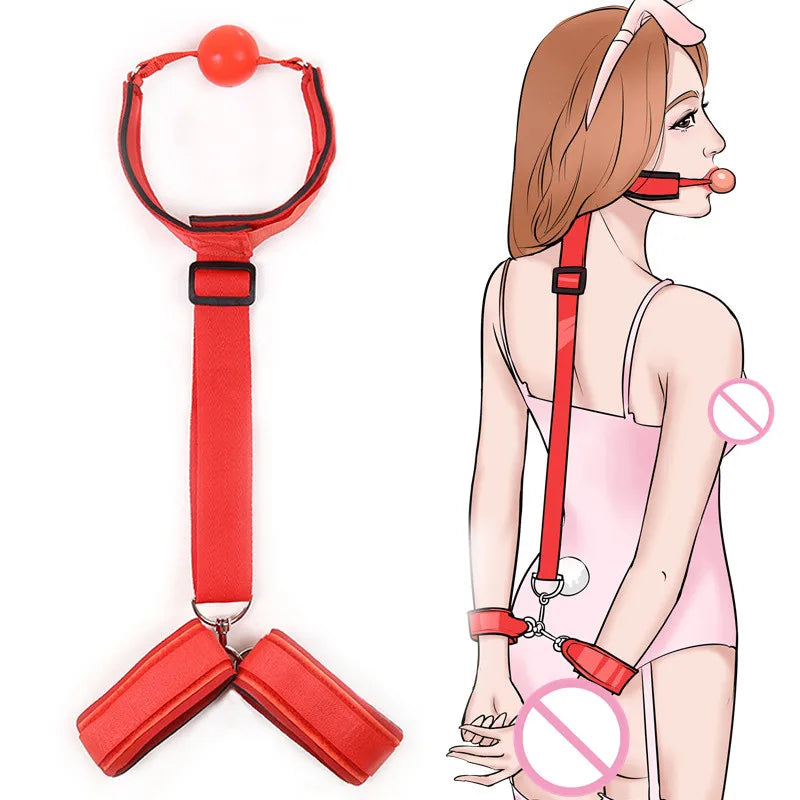 Bdsm-Juego de Bondage para adultos, esposas, cuello, muñeca, boca, mordaza, cor