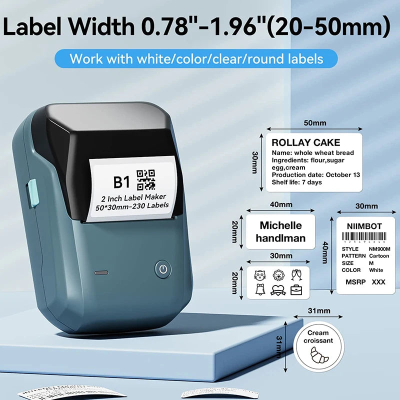Niimbot-Mini impresora térmica de etiquetas B1, máquina de impresión autoadhesiva portátil para Pegatinas, rollos de etiquetas redondas, UV, Bluetooth