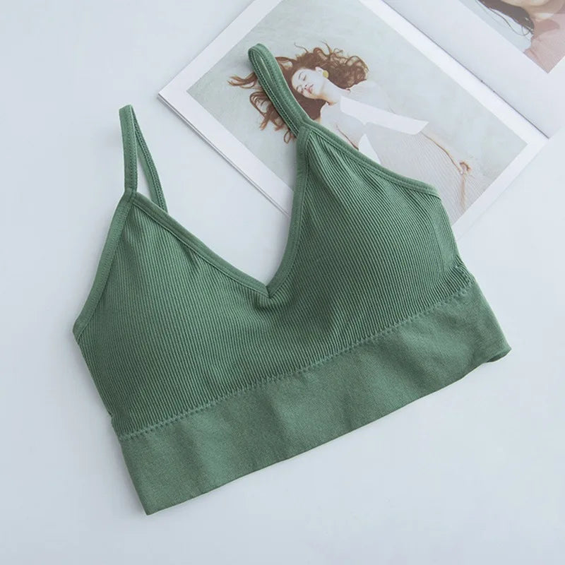 Sujetador Bandeau Sexy Crop Top delgado con tirantes finos sin costuras, Top de