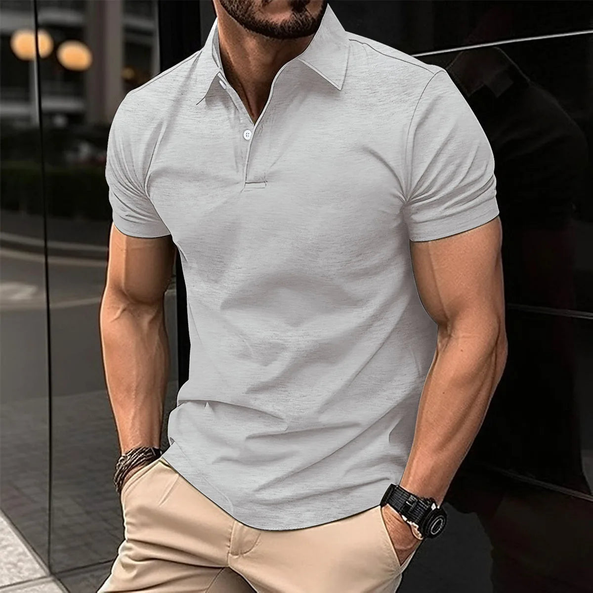 Camiseta de manga corta para hombre, POLO elástico, transpirable, con hebilla,