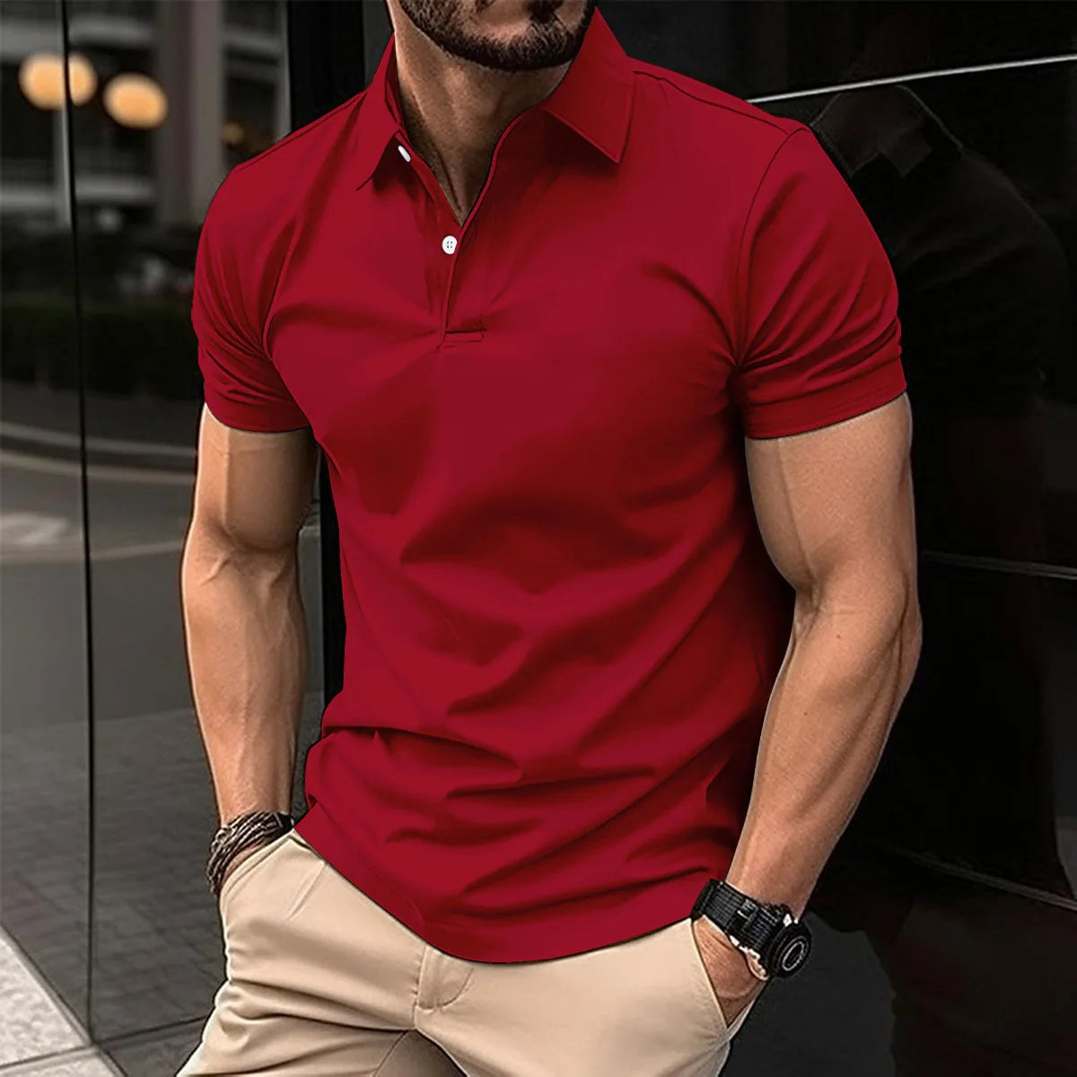 Camiseta de manga corta para hombre, POLO elástico, transpirable, con hebilla,