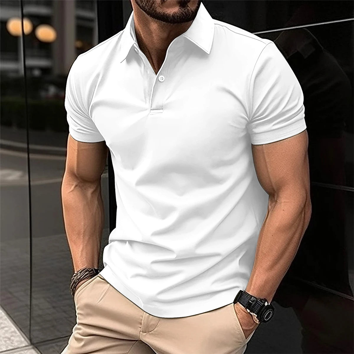 Camiseta de manga corta para hombre, POLO elástico, transpirable, con hebilla,