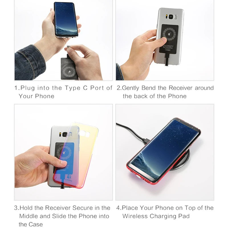 Receptor de cargador inalámbrico, adaptador de carga rápida tipo C, Micro USB, para iPhone, Samsung, Huawei, Xiaomi, Ios y Android