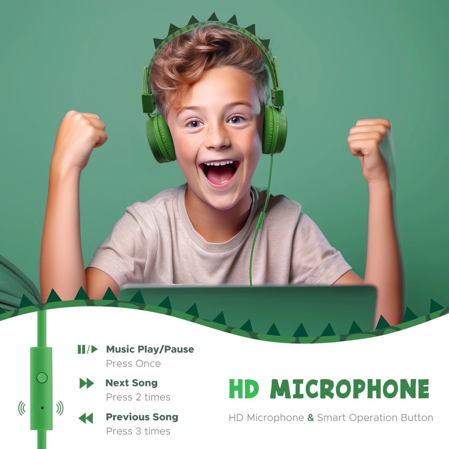 Auriculares de dinosaurio con cable para niños, auriculares con micrófono y bonitos límite de volumen de 85dB para iPad/Kindle/Fire Tablet