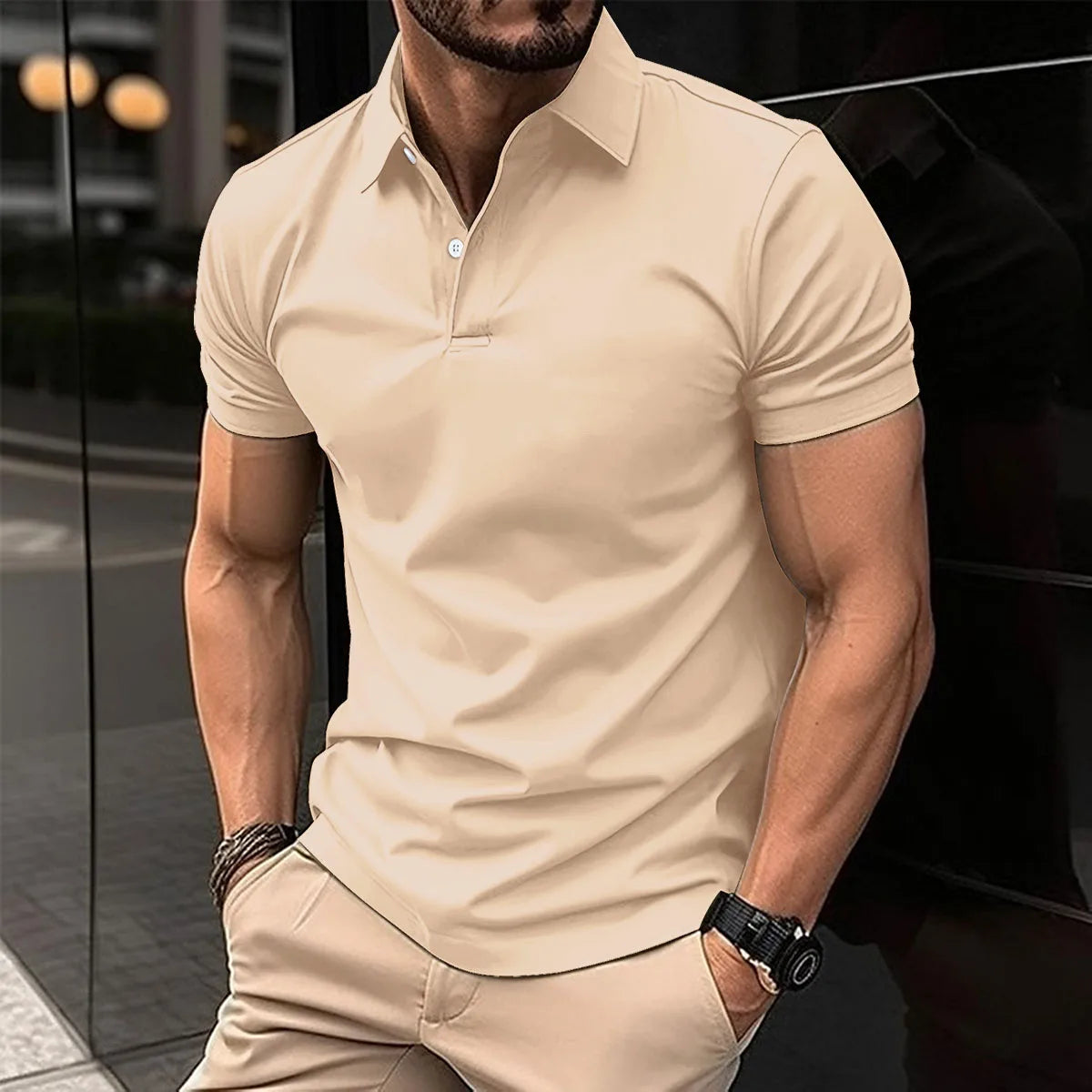 Camiseta de manga corta para hombre, POLO elástico, transpirable, con hebilla,