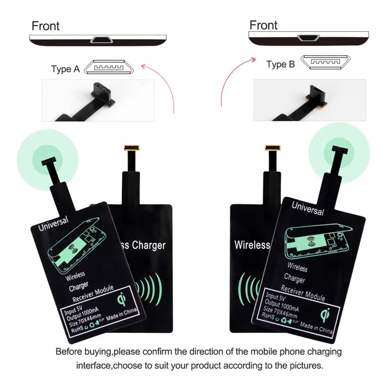 Receptor de cargador inalámbrico, adaptador de carga rápida tipo C, Micro USB, para iPhone, Samsung, Huawei, Xiaomi, Ios y Android