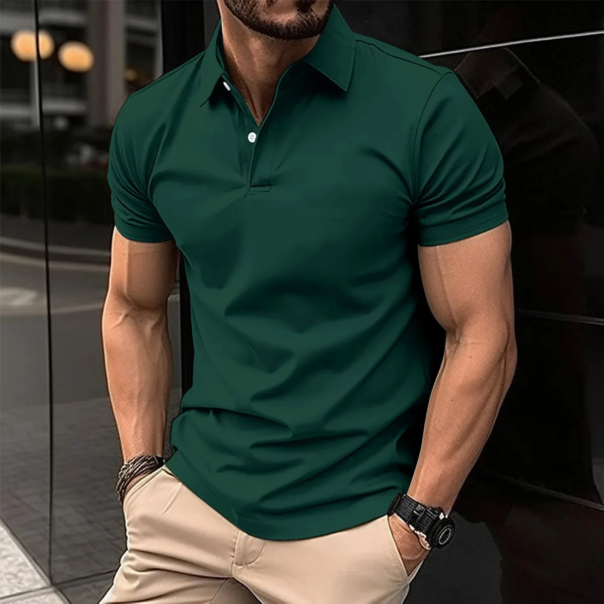 Camiseta de manga corta para hombre, POLO elástico, transpirable, con hebilla,