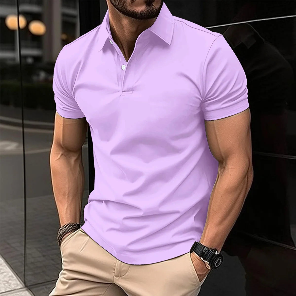 Camiseta de manga corta para hombre, POLO elástico, transpirable, con hebilla,