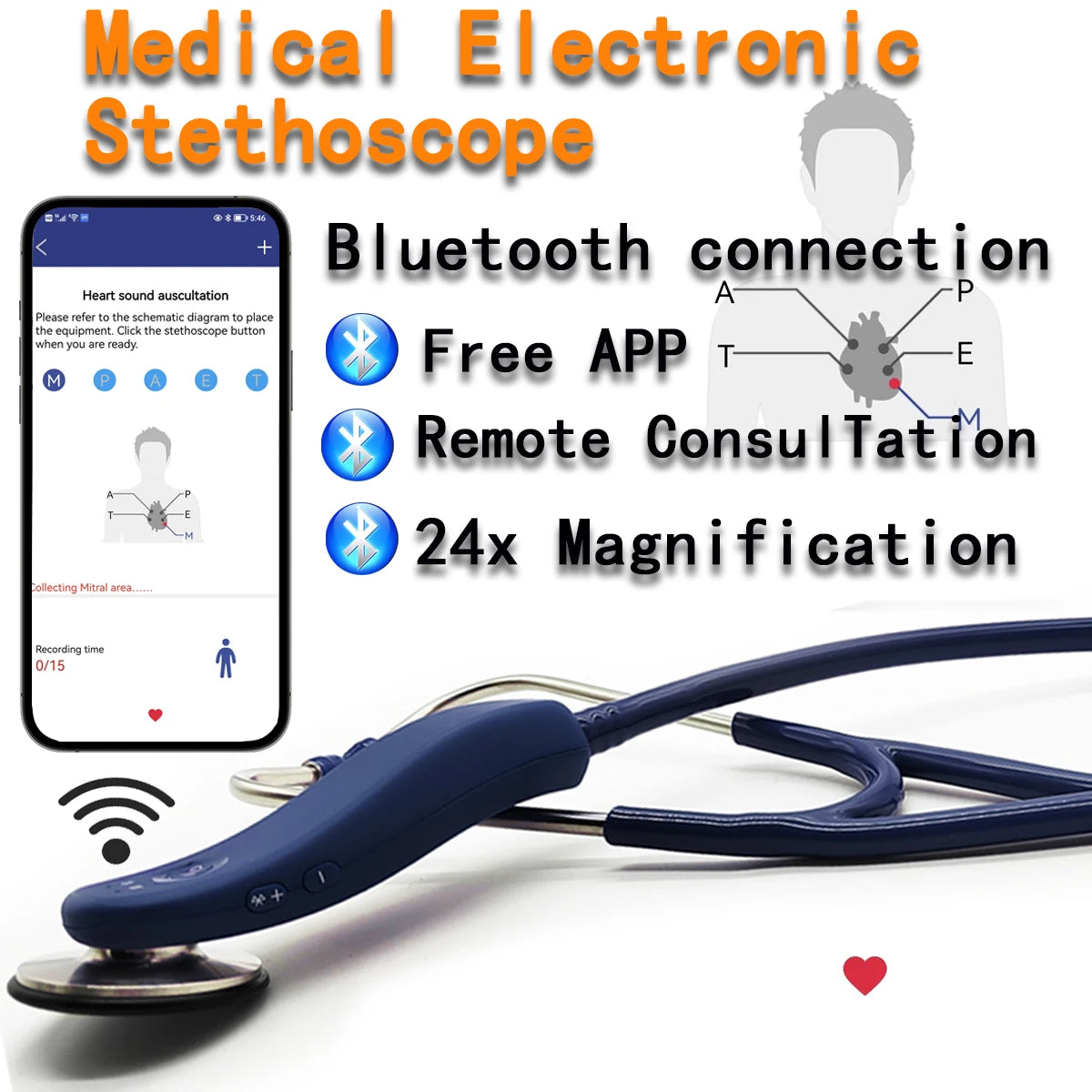 Estetoscopio médico inteligente Digital, Estetoscopio electrónico con Bluetoot
