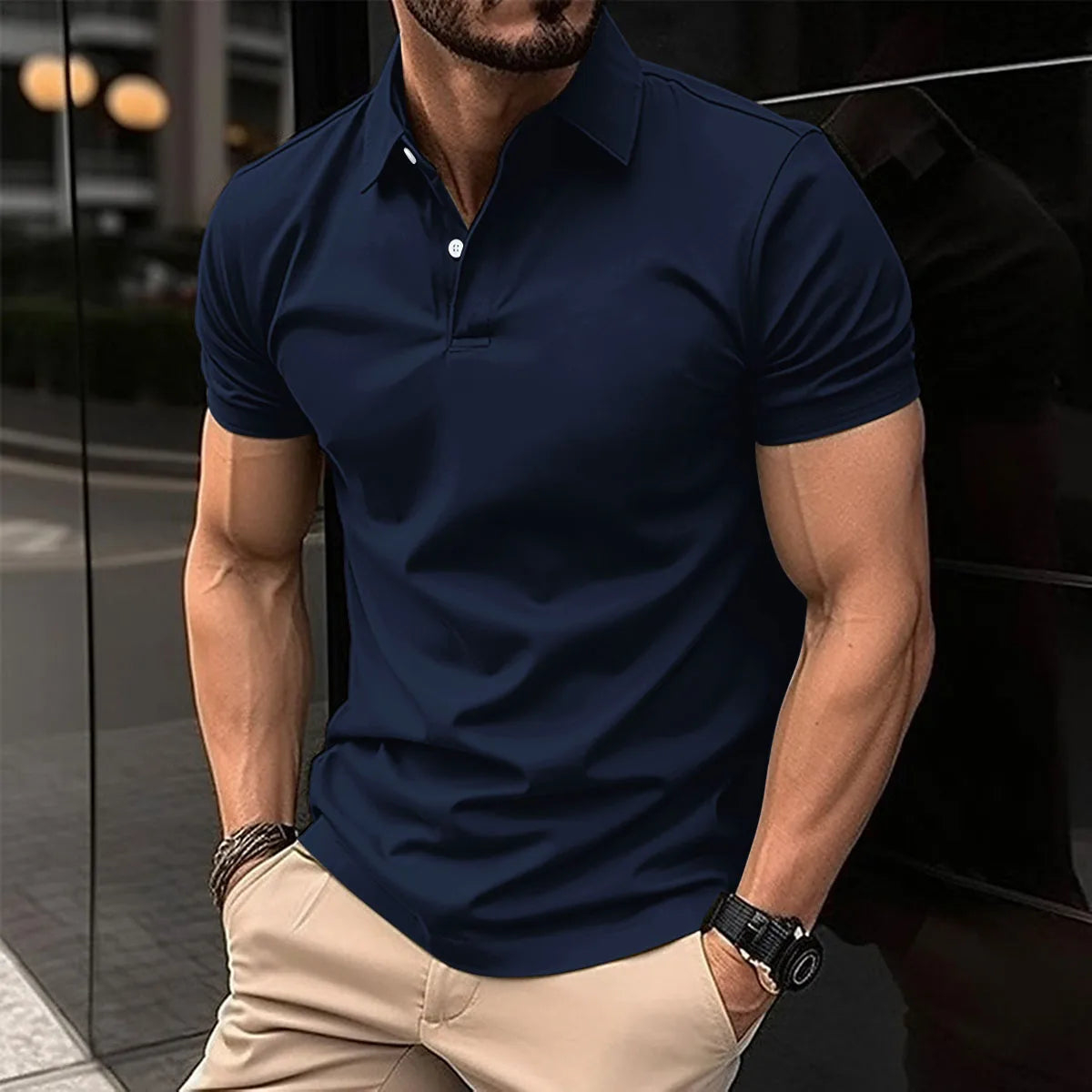 Camiseta de manga corta para hombre, POLO elástico, transpirable, con hebilla,