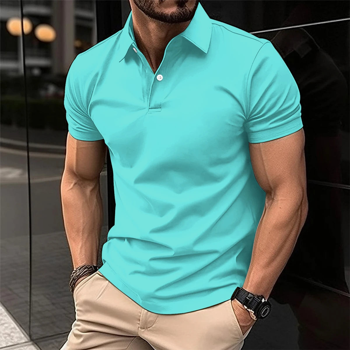 Camiseta de manga corta para hombre, POLO elástico, transpirable, con hebilla,