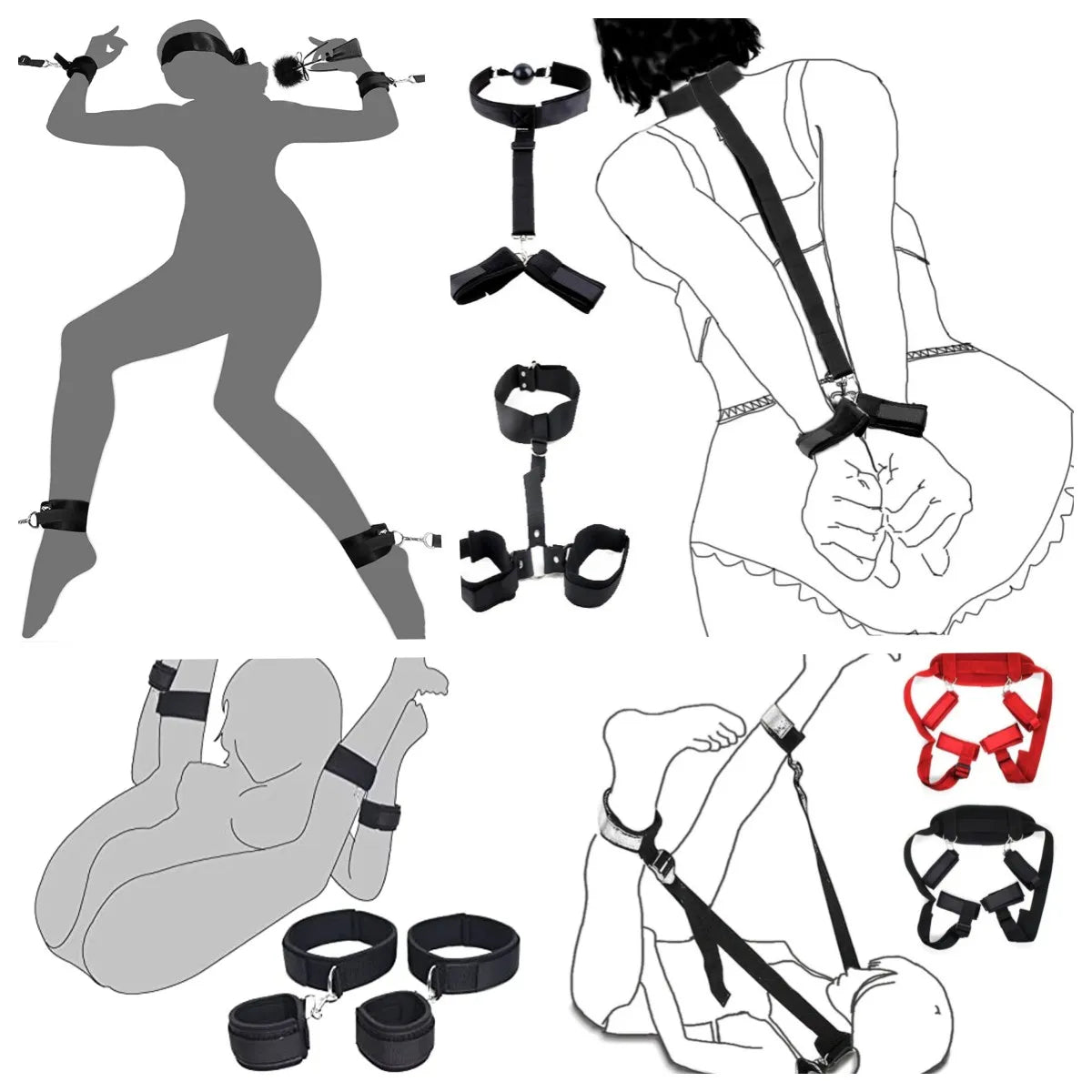 Bdsm-Juego de Bondage para adultos, esposas, cuello, muñeca, boca, mordaza, cor