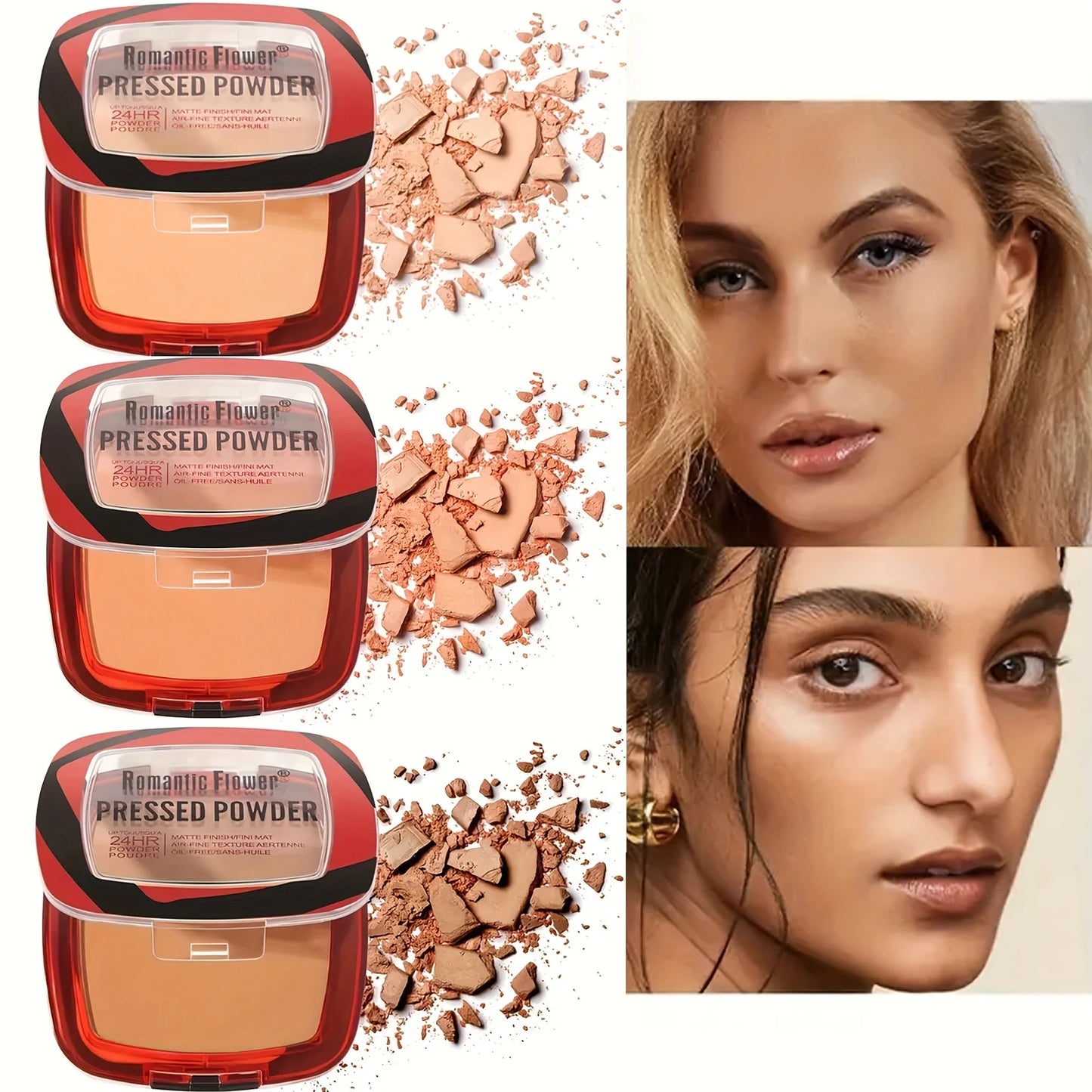 Polvo de cobertura completa mate de 3 colores, base correctora de ajuste ligero